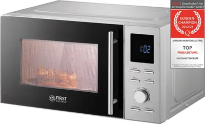 Produktbild von TZS First Austria 2-in-1 Mikrowelle mit Grillfunktion, 1100W, digital, 20L Kapazität, LED-Display, Auftaufunktion, 8 Automatikprogramme,  Schnellstartfunktion, Kindersicherung, Edelstahl