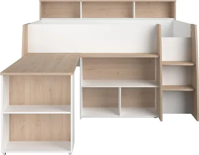 Image de Lit combiné - 90 x 200 cm - avec bureau & espace de rangement - Blanc & Couleurs Bois - APOLINO