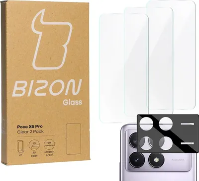 A product shot of screen protectors and camera lens protectors for a Xiaomi Poco X6 Pro, along with its packaging.