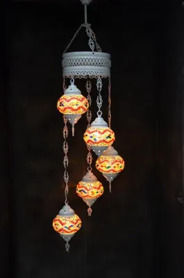 Zdjęcie produktu dla Lampa wisząca z brązowego szkła z kolorową mozaiką, 5 kul, orientalna marokańska lampa sufitowa