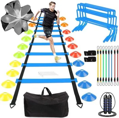 Produktbild von Famanu Fußballtrainingszubehör - Beweglichkeitstrainingsset - 5 Meter Koordinationsleiter - Trainingsleiter - 4 Hürden - 20 Scheibenkegel -