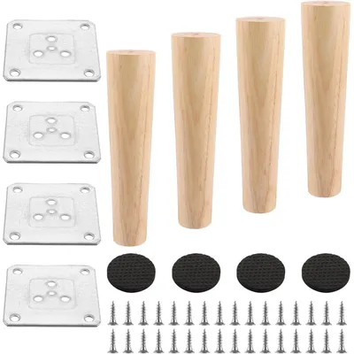 Produktbild von Möbelfüße Holz 20cm Rund Eiche 4 Stück mit Montageplatten und Schrauben