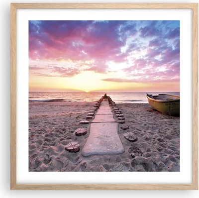Produktbild von Gerahmtes Poster - Rahmen in heller Eiche - Boot Strand Himmel - 50x50 cm - Wand Bild - Wanddeko - Wandbilder - Kunstposter - Wandposter - Bilderrahmen - Bilder - Kunstdruck - P2NAC50x50-5064