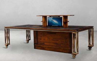 Produktbild von Casa Padrino Luxus Vintage Stil Schreibtisch Braun / Messing / Schwarz 270 x 120 x H. 76 cm - Massivholz Bürotisch mit Rollen - Vintage Stil Büro Möbel - Luxus Büro Möbel
