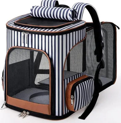 Image de Sac à dos extensible pour chats Sac à dos pour chiens jusqu'à 10 kg, rayé L, avec laisse de sécurité
