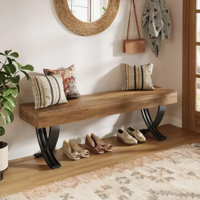 Immagine prodotto di Panca per scarpe Tribesigns, panca da ingresso da 140 cm, panche in legno con gambe in metallo a X, panca lunga da camera da letto, per camera da letto, soggiorno, ingresso