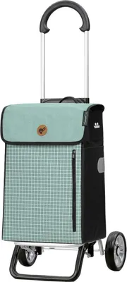 A shopping trolley with a mint green checkered bag and black accents, shown against a white background.