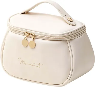 Imagen del producto de Estuche de cosméticos grande, de cuero impermeable, de 21 x 14 x 14 cm, con asa, ideal para viajes