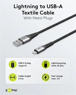 Obrázek produktu pro Textilní kabel Lightning na USB-A s kovovými konektory (vesmírně šedý/stříbrný), 0,5 m