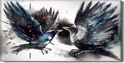 Produktbild von Dekor Leinwand Uhr Wandbilder Geräuschlos 60x30 Skizze der Tiere Krähen Vögel - schwarze Hände