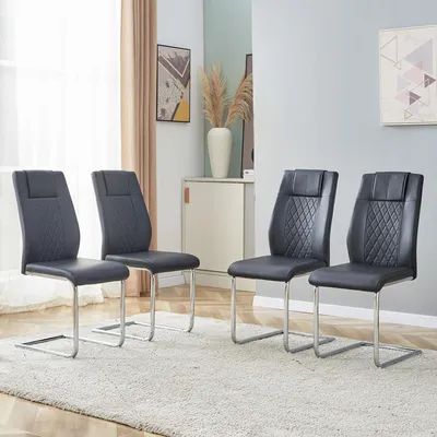 Produktbild von MODFU Esszimmerstuhl 4-teiliges Set mit silberne Metallbeine und rutschfeste Füße Küchenstuhl Netznähtdesign für Wohnzimmer oder Esszimmer geeignet Schwarz+Silber