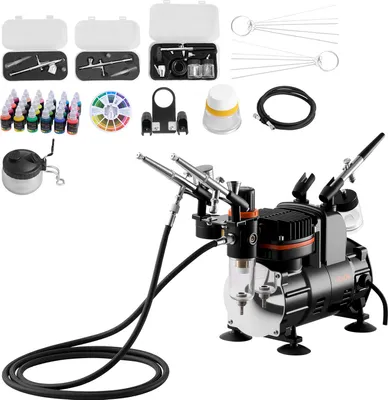 Produktbild von VEVOR Airbrush Set 1/6 PS mit Luftkompressor, 3 Dual Action Airbrush Pistolen mit 3 Düsen (0,3/0,3/0,35mm) & Schlauch & Acrylfarbe, für Kuchendekoration Modellmalerei Nagelkunst geräuscharm