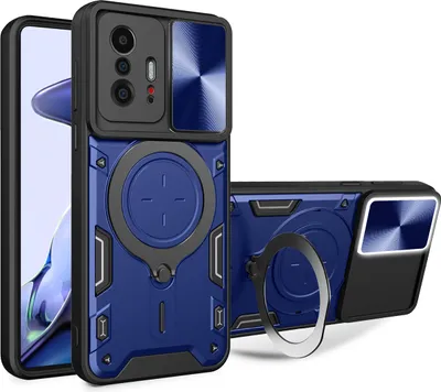 Produktbild von Handyhülle für Xiaomi 11T /11T Pro Dual-Layer Stoßfest Rüstung Hülle mit Dia Kameraschutz und Kreisförmig Ring Ständer Blau