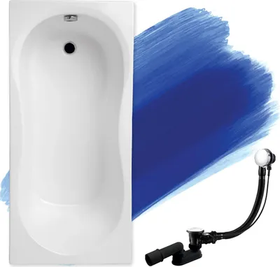 A white bathtub with a blue brush stroke overlay and a drain assembly.