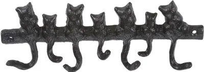 Produktbild von Garderobenleiste aus Gusseisen im Katzen-Design, 26 cm breit, 9 cm hoch, 7 Haken