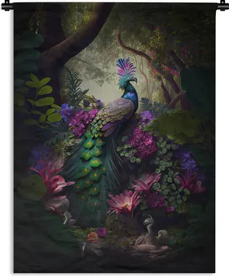Produktbild von MuchoWow® Wandteppich Wandbehang Pfau - Dschungel - Blumen - Natur 120x160 cm Tapisserie Dekoration Wandtuch - Wohnzimmer - Moderne