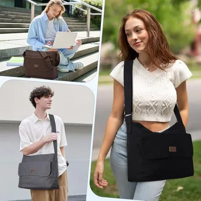 Produktbild von Canvas Umhängetaschen Damen Herren, Große Schultertasche Messenger Tasche Casual Tote Bag für Arbeit/Reisen/Schule