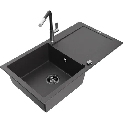 Obrázek produktu pro Mexen Leo 1-miskový granitový dřez s odkapávačem a kuchyňskou baterií Flora, Skvrnitá černá - 6501-76-670401-07-B