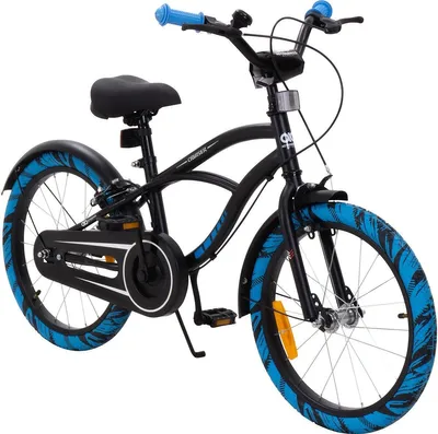 Produktbild von Actionbikes Kinderfahrrad Cruiser 18 Zoll | Kinder Fahrrad - V-Brake Bremsen - Kettenschutz - Fahrradständer - 5-8 Jahre (Schwarz/Blau)