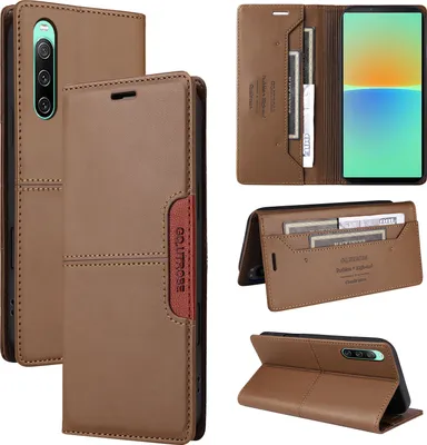 Image de Etui pour Sony Xperia 10 IV, étui portefeuille en cuir avec fente pour cartes et support Marron
