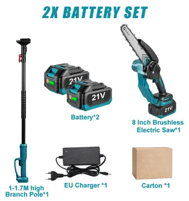 Image de Scie à chaîne télescopique sans fil - Moteur sans balais - Lame de 20 cm - 2 batteries - Idéale pour les travaux de jardin