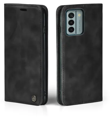 A black flip case for a smartphone, shown from two angles.