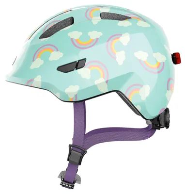 Produktbild von ABUS Kinderhelm Smiley 3.0 LED - Fahrradhelm mit Licht - tiefe Passform & Platz für einen Zopf - für Mädchen und Jungs - Hellblau mit Regenbogen-Muster, Größe S (45-50 cm)