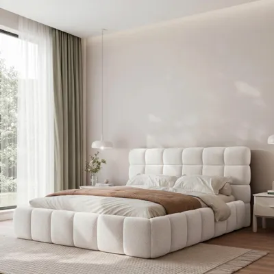 Produktbild von Polsterbett BORIO 180x200 Weiß Boucle mit Bettkasten & Lattenrost