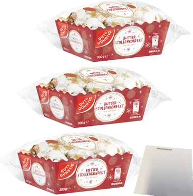 Produktbild von Gut & Günstig Butterstollenkonfekt ohne Marzipan mit 28 % Rosinen verfeinert 3er Pack (3x300g Packung) + usy Block