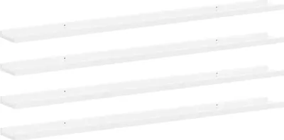 Four white shelves are arranged diagonally on a white background.