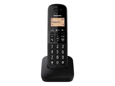 A black Panasonic cordless phone sits on its charging base against a white background.