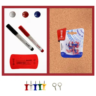 Zdjęcie produktu dla Tablica korkowo-suchościeralna magnetyczna rama drewniana czerwona 60x40 + pinezki 50 szt + 2 markery + gąbka