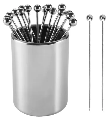 Produktbild von Cocktailspieße aus Metall, 16 Stück + 1 Halter-Set, Cocktailspieße aus 304er Edelstahl, wiederverwendbare Cocktailspieße für Vorspeisen, Sandwiches, Grillsnacks, Cocktailspieße zum Garnieren