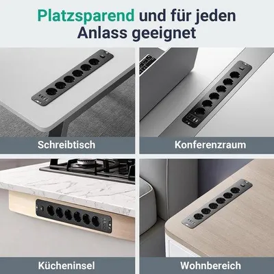 Obrázek produktu pro Vestavná zásuvka s více zásuvkami (6 zásuvek) s ochranou proti přepětí, 4 USB porty (2x USB-C 20W PD + 2x USB-A), výkon 4000W, kabel o délce 2 metry