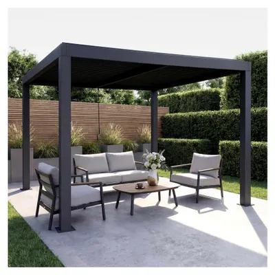 Produktbild von Pergola Gartenpavillon mit Lamellendach, 10cm Aluminiumgestell, sturmfeste Regenrinne, 3x3m - anthrazit