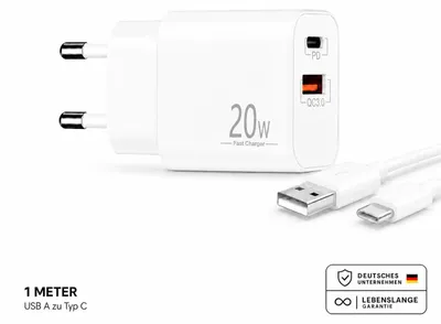 Produktbild von Schnellladegerät USB-C + USB-A Dual Netzteil Universal mit Kabel – USB Typ-C 1 Meter
