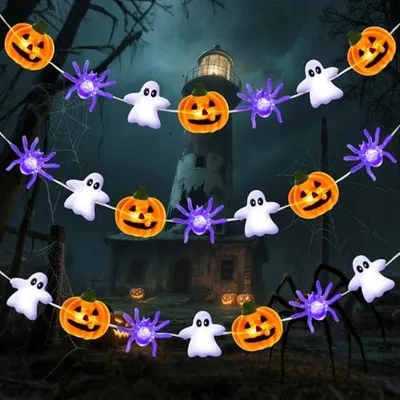 Obrázek produktu pro Dekorativní světelná girlanda na Halloween, 5 metrů, 50 LED diod, oranžová, s motivem dýní a pavouků