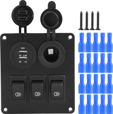 Obrázek produktu pro Auto Marine 3 + 2 kombinovaný LED vypínač se zeleným světlem + autonabíječka do zapalovače cigaret, žlutá