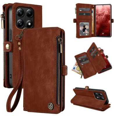 A collage of images showing a brown leather wallet phone case from different angles and with different features.