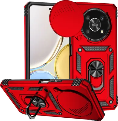 Produktbild von Honor X9 Hülle mit Schiebe Kamera Schutz und Ringhalter Ständer Robust Rüstung Schutzhülle für Honor X9 Rot