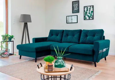 Produktbild von MIUFORM Lars Velours - Ecksofa mit Bettfunktion und Bettkasten - 223x148cm - Petrolblau - L-Form Links - Schlafsofa Couch