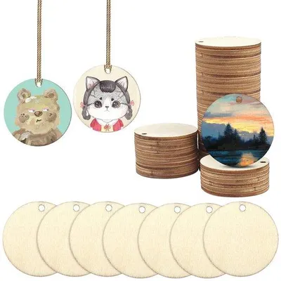 Immagine prodotto di Dischi di legno naturale, 100 pezzi - Dischetti di legno rotondi con foro - 4 cm - Legno naturale - Leggeri - Ecologici - Dischetti di legno