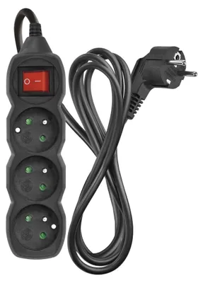 Prodlužovací kabel 2 m / 3 zásuvky / s vypínačem / černý / PVC / 1 mm2
