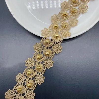 Image de Ruban doré orné de perles de verre, 3 yards de ruban doré pour travaux d'aiguille, ruban doré brillant pour machines à coudre, décorations DIY pour vêtements, robes et mariages