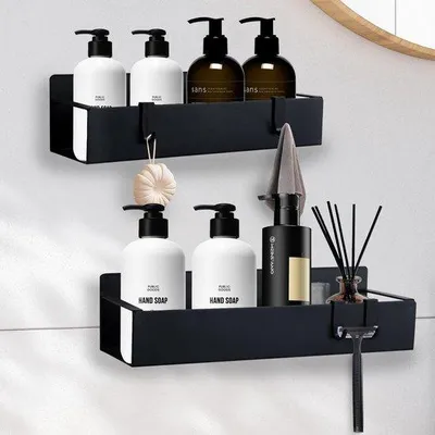Produktbild von Unyqoos® Duschablagen 2er-Set schwarz – rostfreie Metall-Regale mit Haken, bohrfreie Selbstklebemontage, Wasserablauf & Luftzirkulation