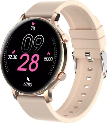 A smartwatch with a beige strap and gold casing is shown against a white background. The watch face displays time, date, and fitness tracking information.