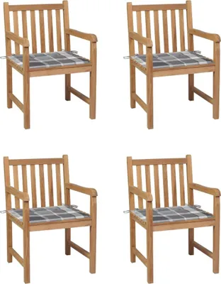 Produktbild von Gartenstühle 4 Stk. Graue Karomuster-Kissen Massivholz Teak