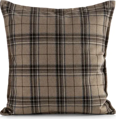 A close-up studio shot of a plaid pillowcase.