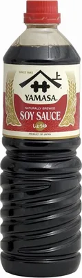 A bottle of Yamasa Soy Sauce.