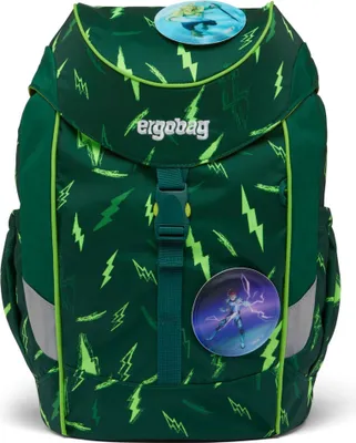 A green backpack with a lightning bolt pattern and character patches.